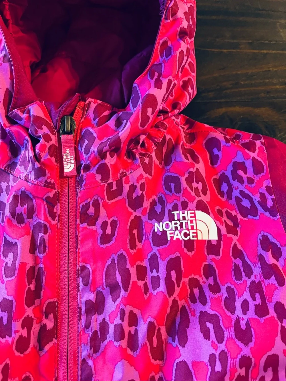 The North Face Girls Pink Leopard Print Hooded Winter Jacket 3T